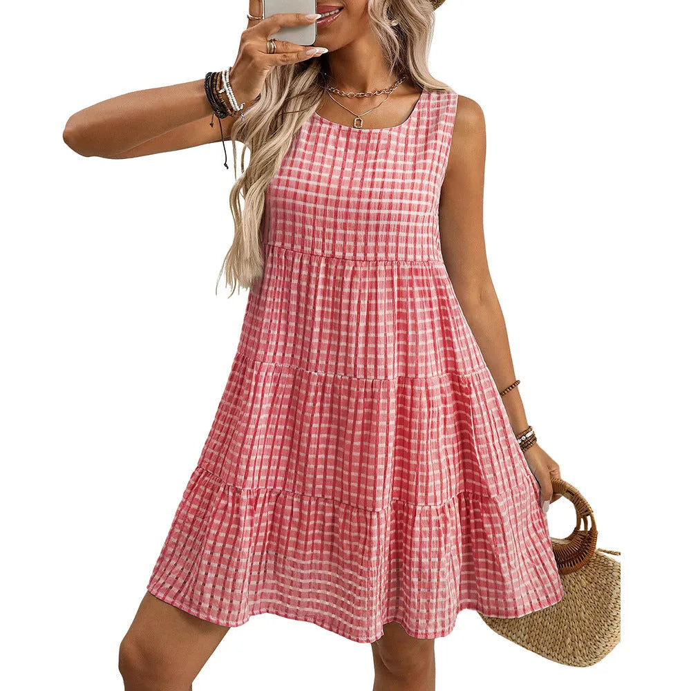 Women's sleeveless high-waist plaid dress with hollow-out texture and mid-length swing skirt in light blue