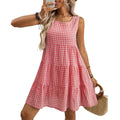 Women's sleeveless high-waist plaid dress with hollow-out texture and mid-length swing skirt in light blue