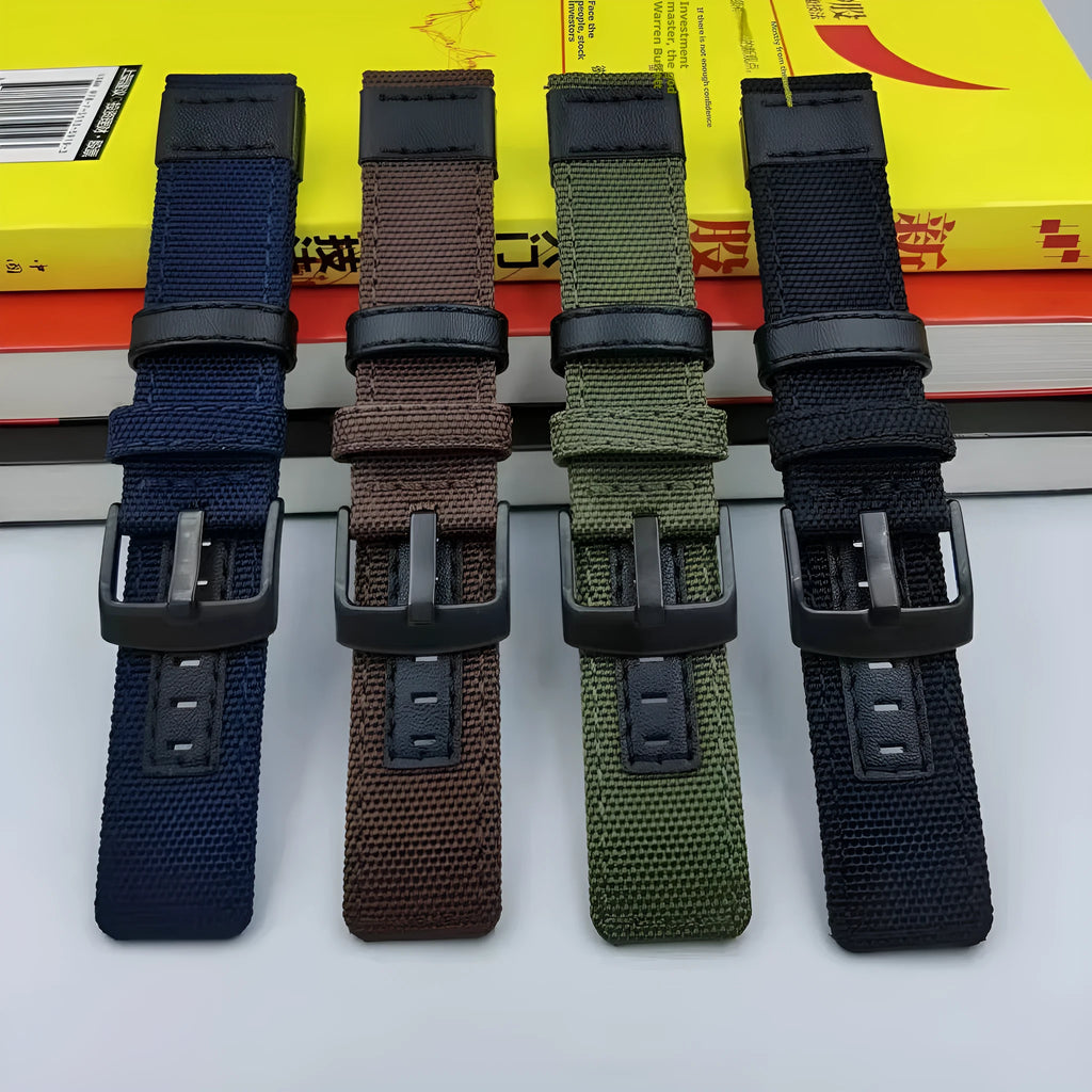 Fashion Personality Canvas watch strap in Oxford cloth, showing colour options including Black, Army Green, and Camouflage.