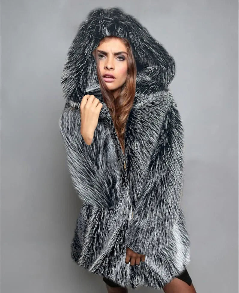 Women's silver grey artificial fur coat with medium-length loose design and regular sleeves