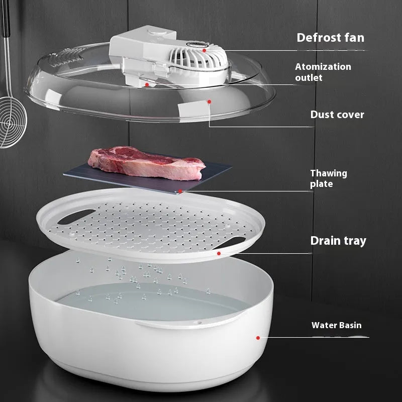 Aluminium household food defrosting plate with USB cable on a kitchen countertop.
