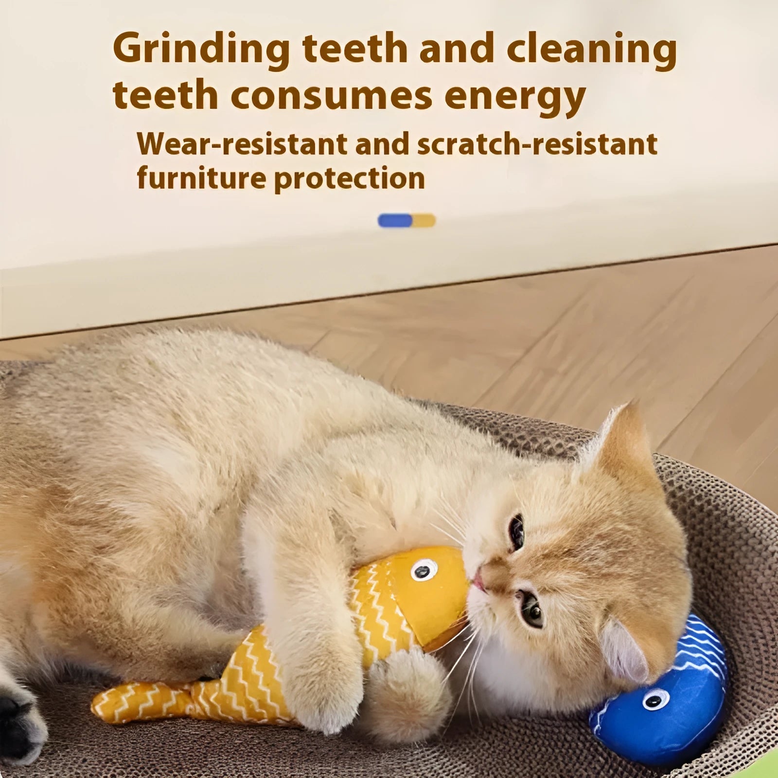 Catnip-stuffed fish toy for cats in blue, red, or yellow colours