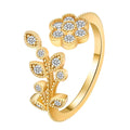Open-mouth copper ring with diamond-cut flower and leaf design for women in gold or white finish