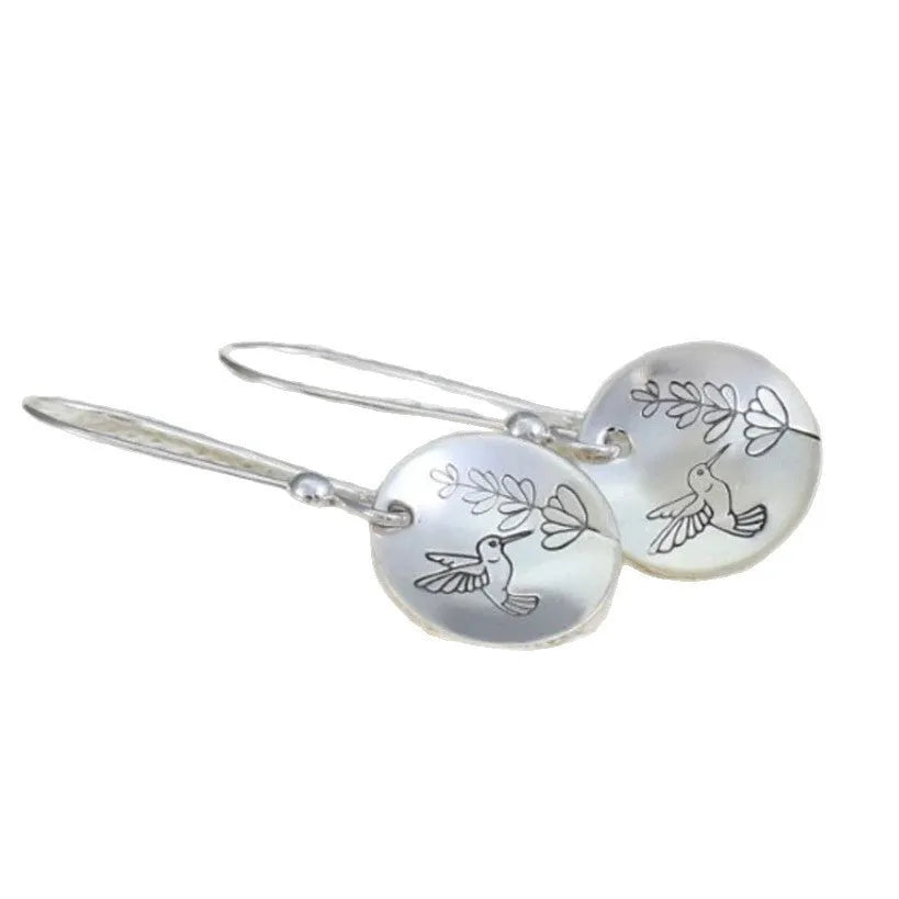 Silver retro women's earrings with bird and floral motifs on round glossy zinc alloy