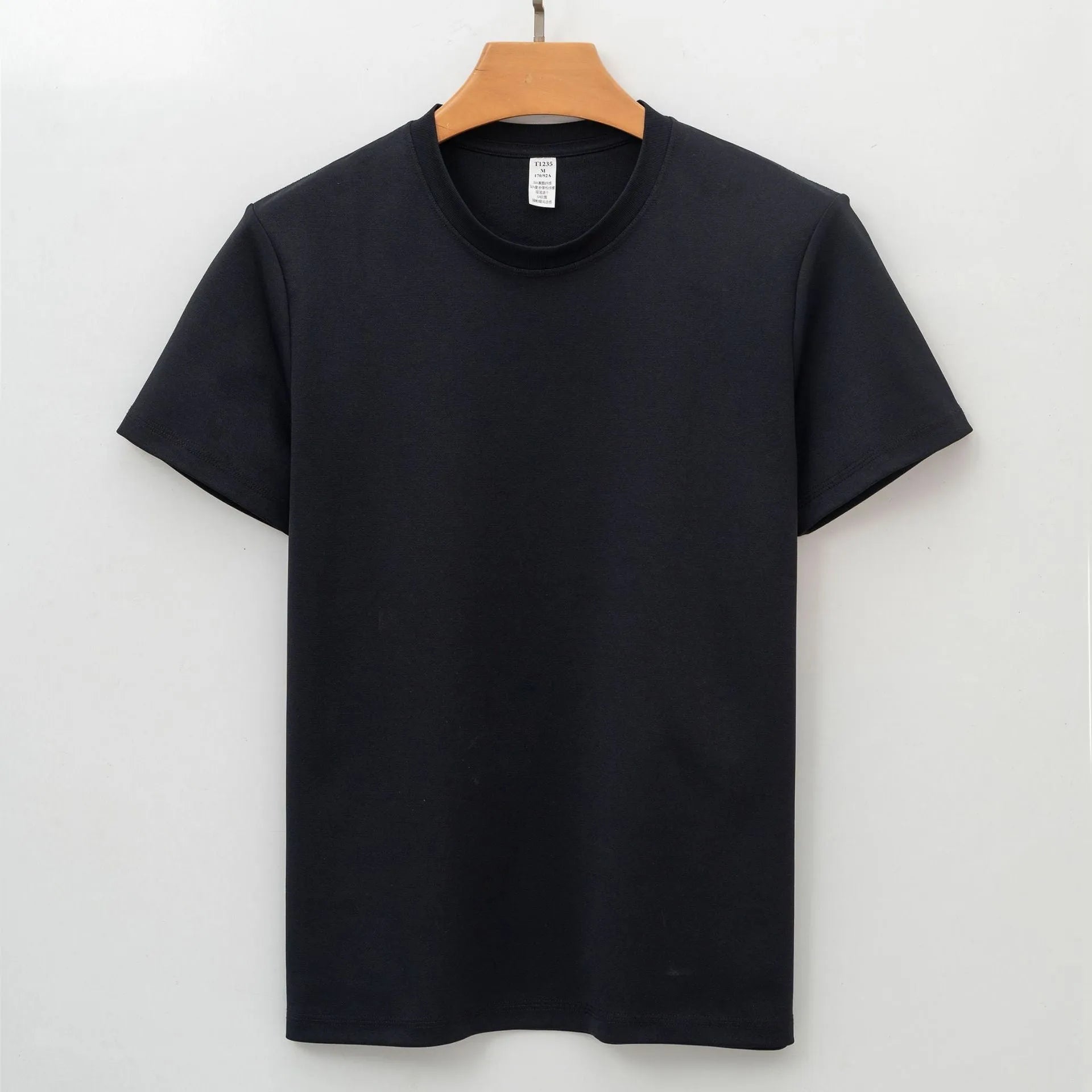 Men's beige antibacterial quick-drying short sleeve sport T-shirt on a hanger