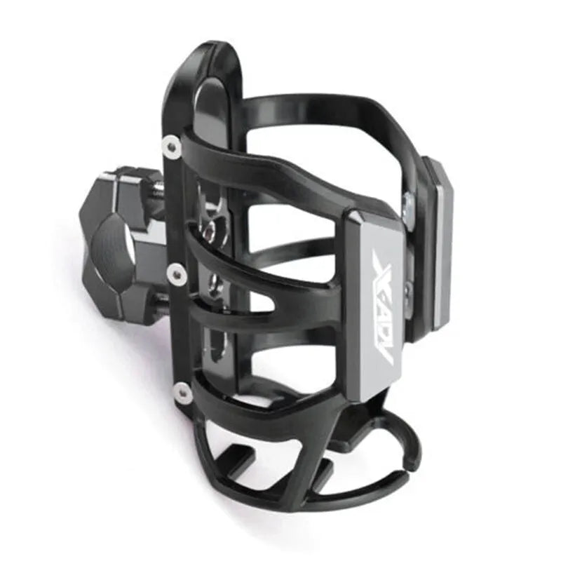 Modified black water bottle cage mounted on a Honda X-ADV scooter bumper