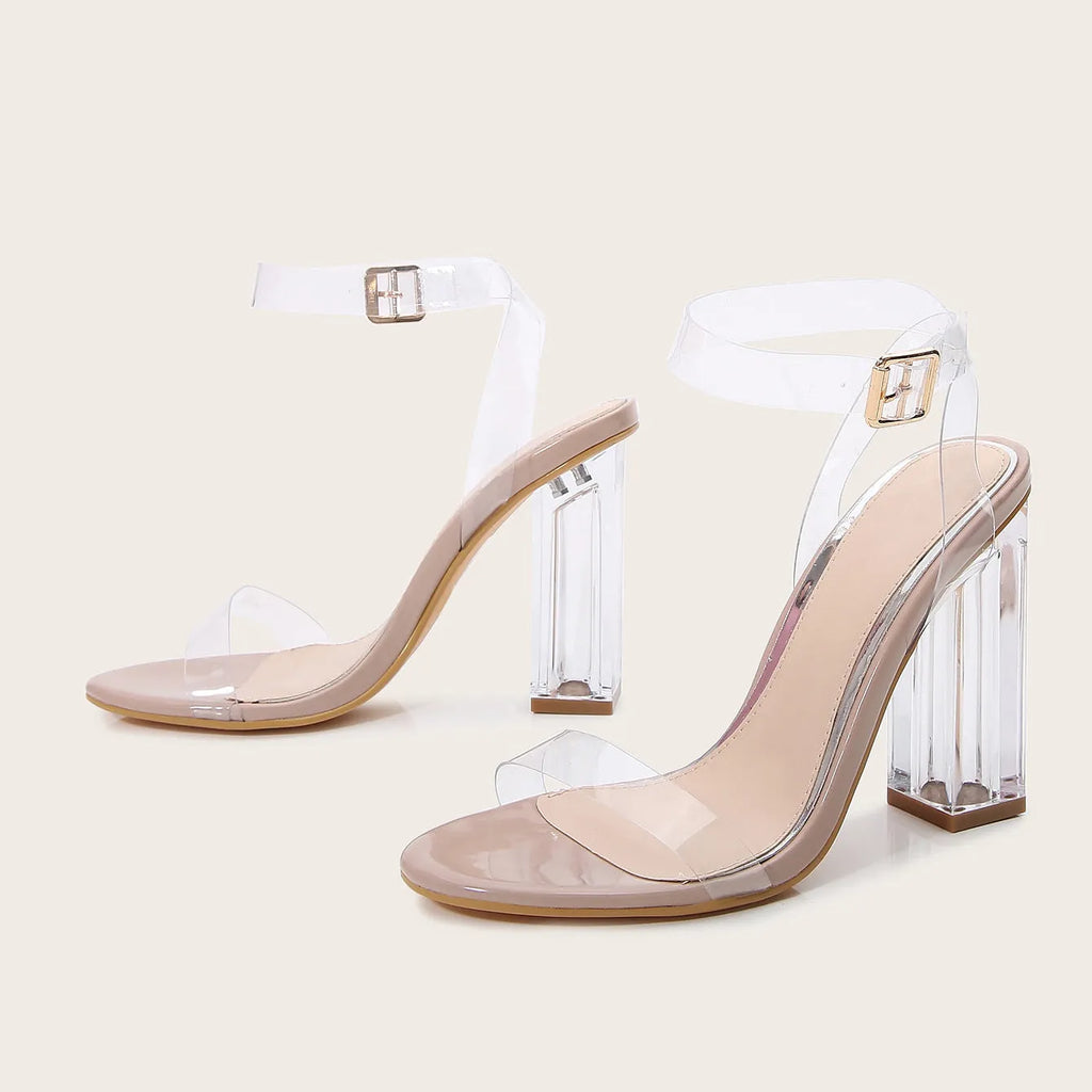 Women's apricot clear glass heel sandals with round toe and buckle fastening on melamine sole