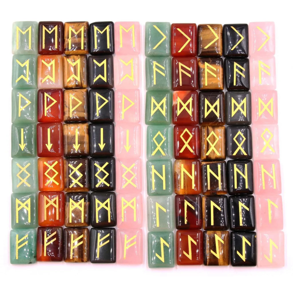 Square crystal rune ornament with THALO lettering and Luen symbol, available in Tigereye and red agate