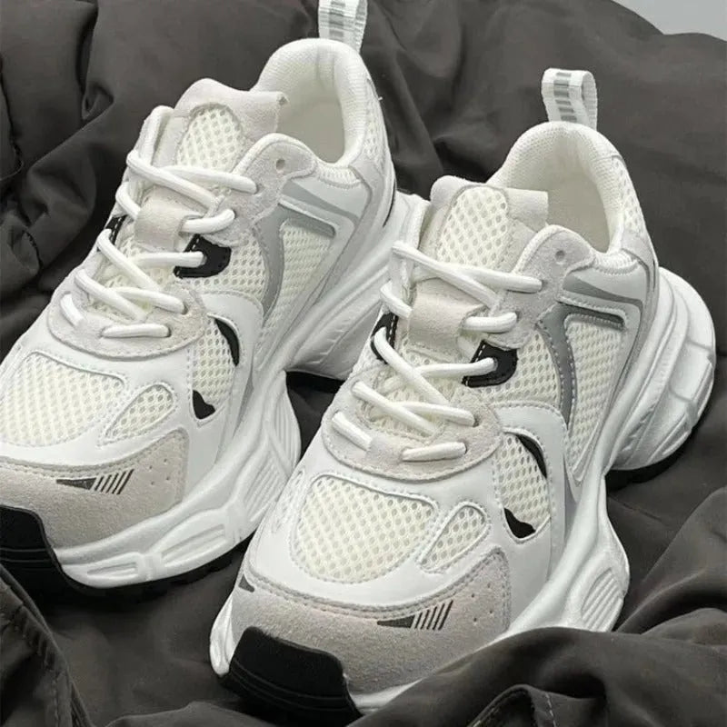 Beige mesh sports shoes with wedge heel platform and front lace-up fastening