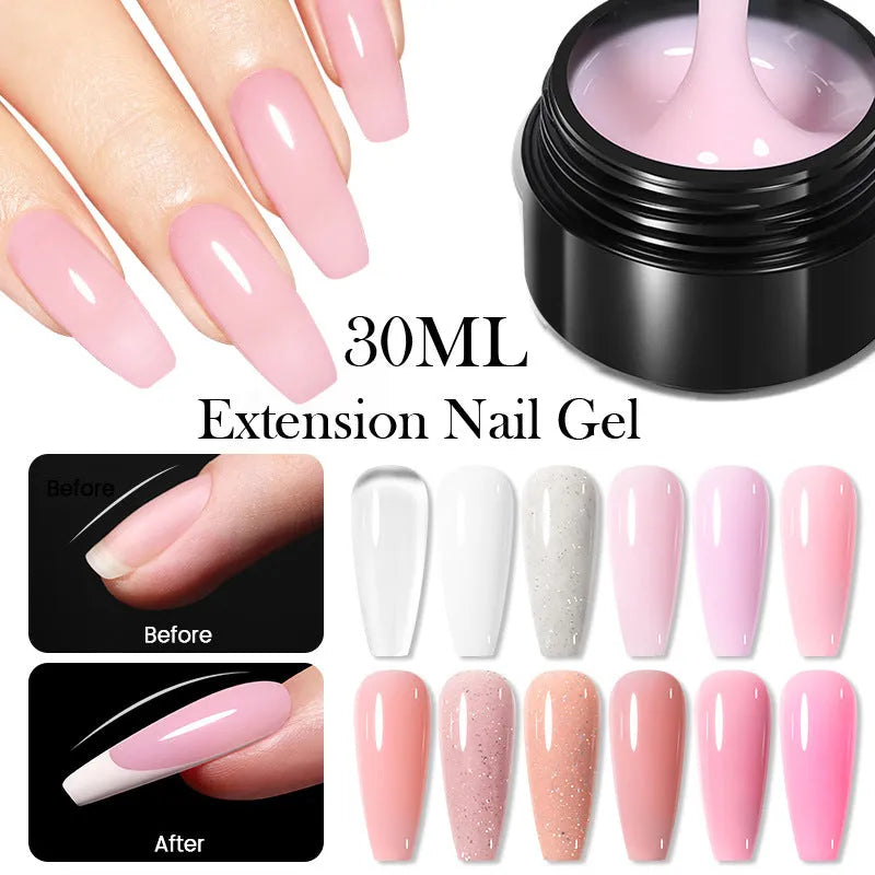 30ml no-wash UV nail extension gel in transparent and nude shades, colour codes EG01 to EG10