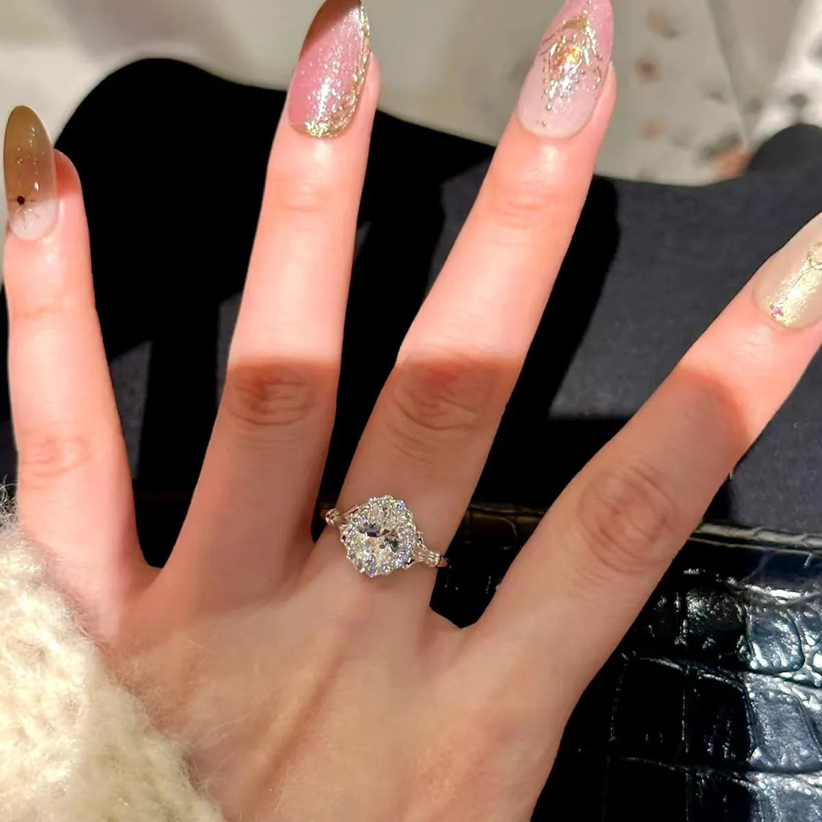 Silver geometric ring with bridal bouquet diamond and adjustable opening for women's index finger