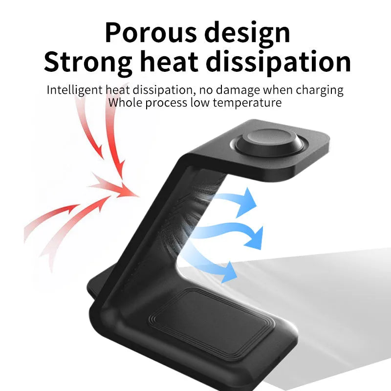 White 3-in-1 dual coil wireless charging stand holding a mobile phone upright on a desk.
