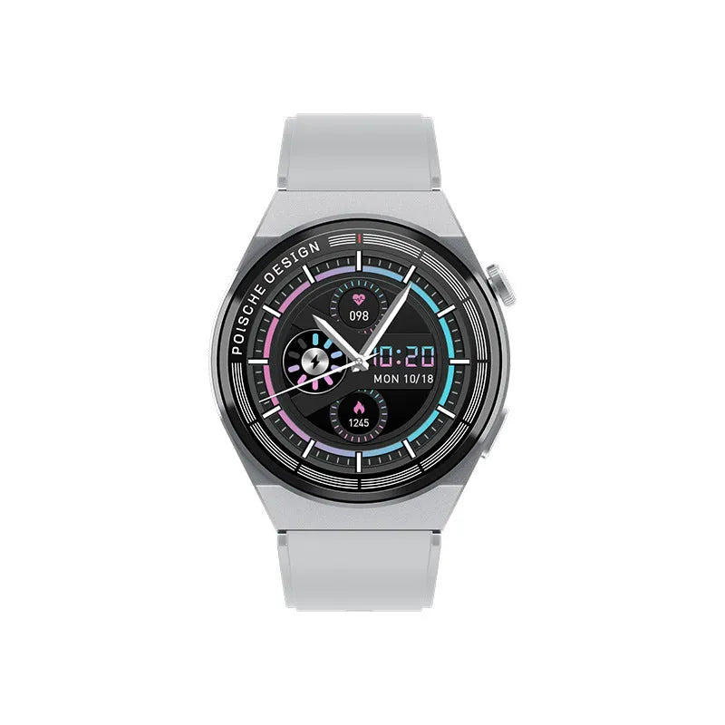 Circular smartwatch with colour screen showing health stats, featuring a silicone strap, for calls, payments, and access control.