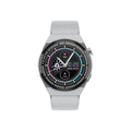 Circular smartwatch with colour screen showing health stats, featuring a silicone strap, for calls, payments, and access control.