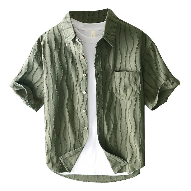 Men's apricot pure cotton short sleeve casual shirt with loose fit