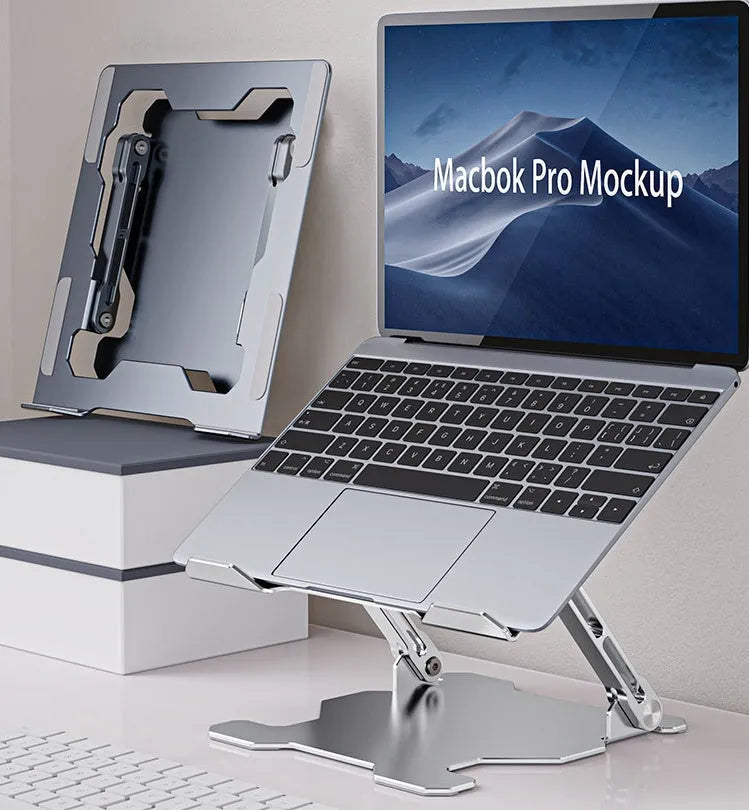 Grey aluminium laptop stand with adjustable angle and foldable design for 15-inch notebooks