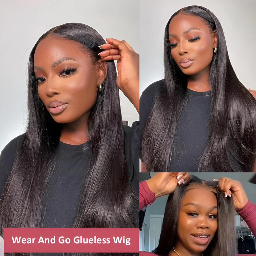 A woman wearing a long, straight glueless human hair wig with side bangs