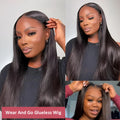A woman wearing a long, straight glueless human hair wig with side bangs