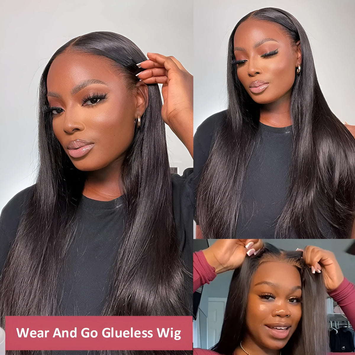 A woman wearing a long, straight glueless human hair wig with side bangs