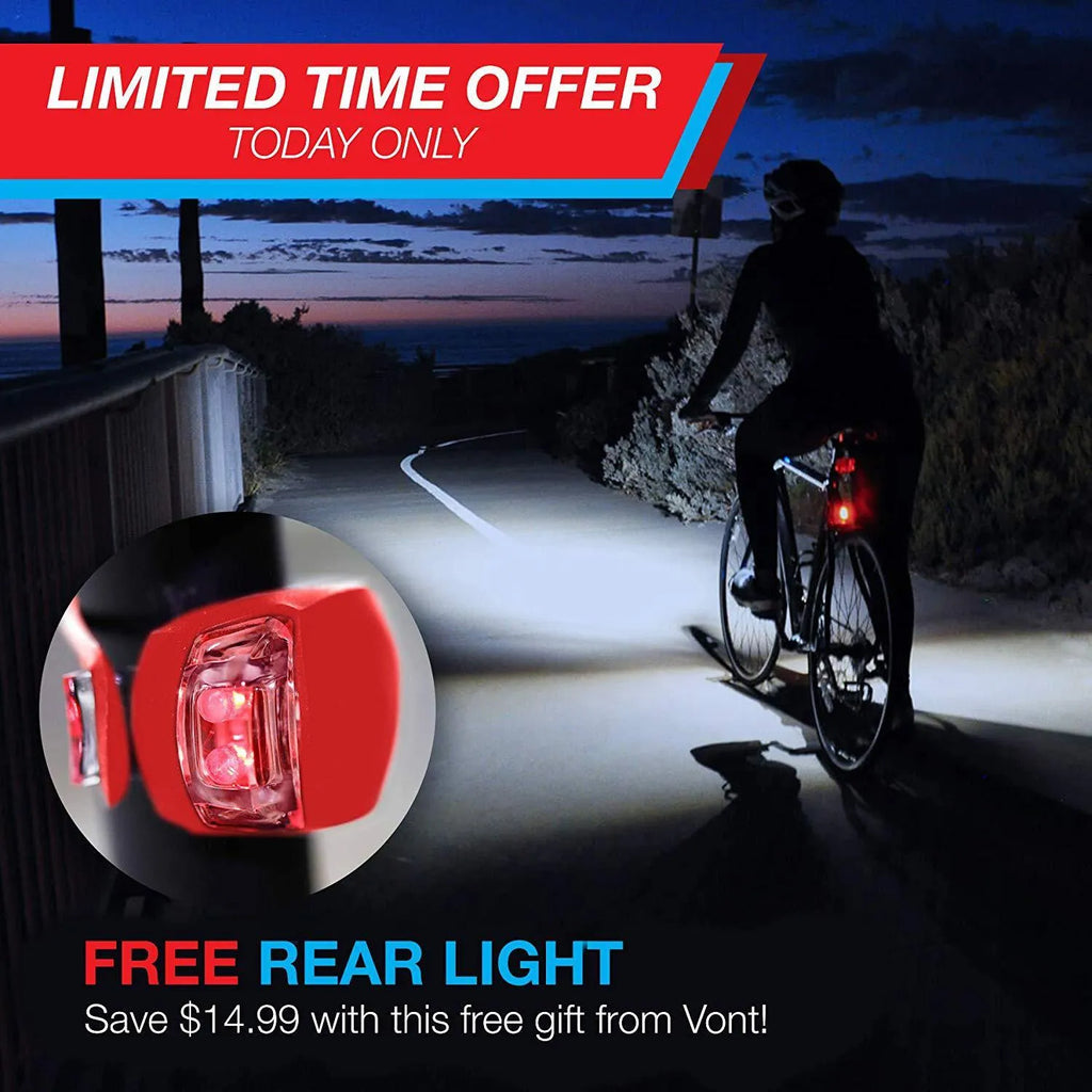 Bicycle headlights and taillights set with metal mounting bracket on a black background