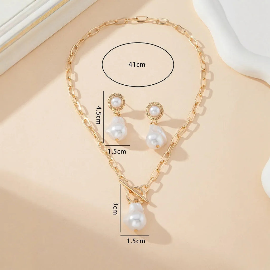 Gold-tone iron Baroque pearl necklace and matching ear stud jewellery set for women