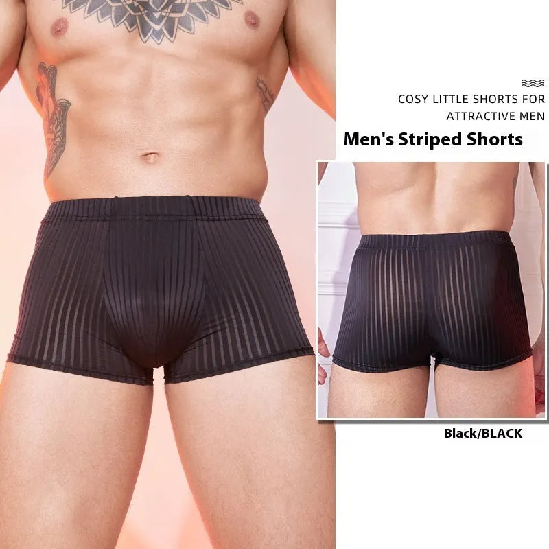 Men's striped underwear in thin transparent nylon, shown in black, dark grey, and white.