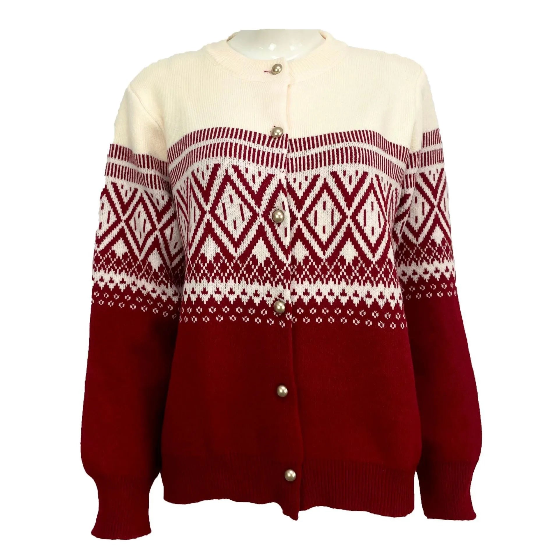 Long-sleeved red alpaca wool cardigan with a colourful diamond knit pattern