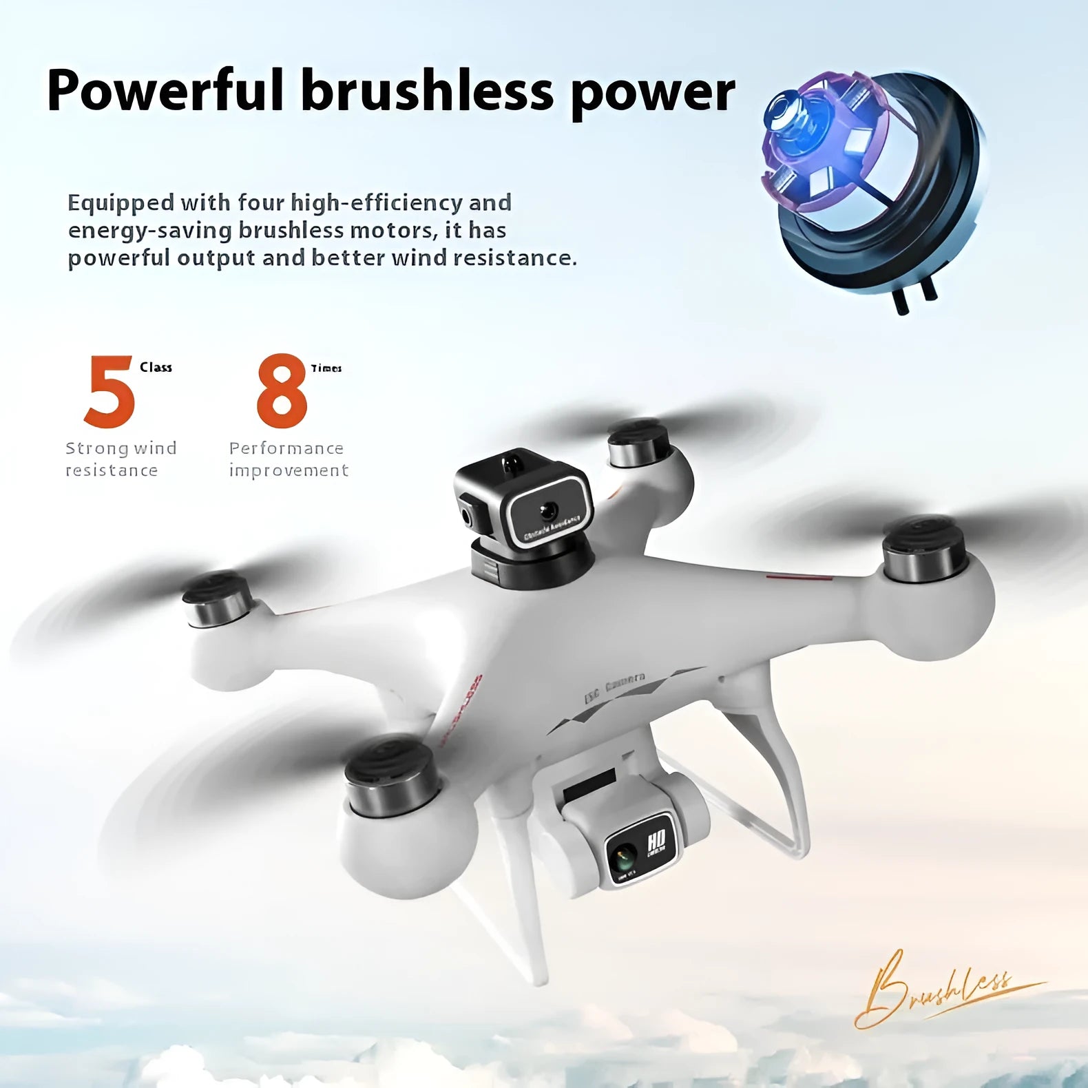 Black plastic UAV drone with four propellers and camera, remote control transmitter beside it
