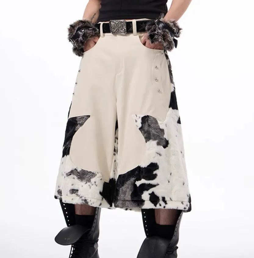 Stitching milk fibre fur cropped pants with personalised checkered, striped, printed or embroidered patterns