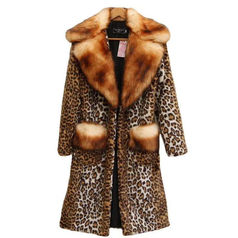 Women's long leopard print artificial fur jacket on a hanger, showing regular sleeves and 80cm length.