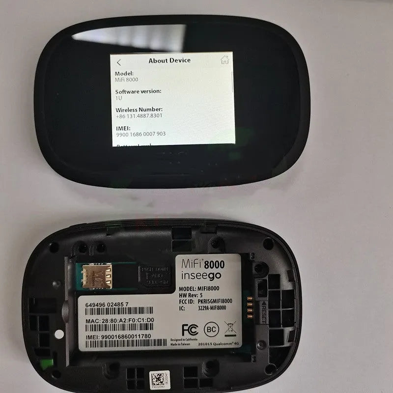 Black MIFI8000 portable 4G wireless router with dual-core processor and 150Mbps speed.