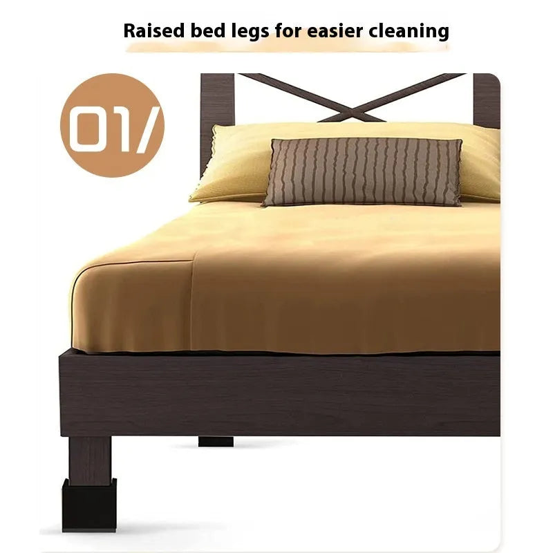 Four black plastic furniture foot mats for sofa and bed height adjustment