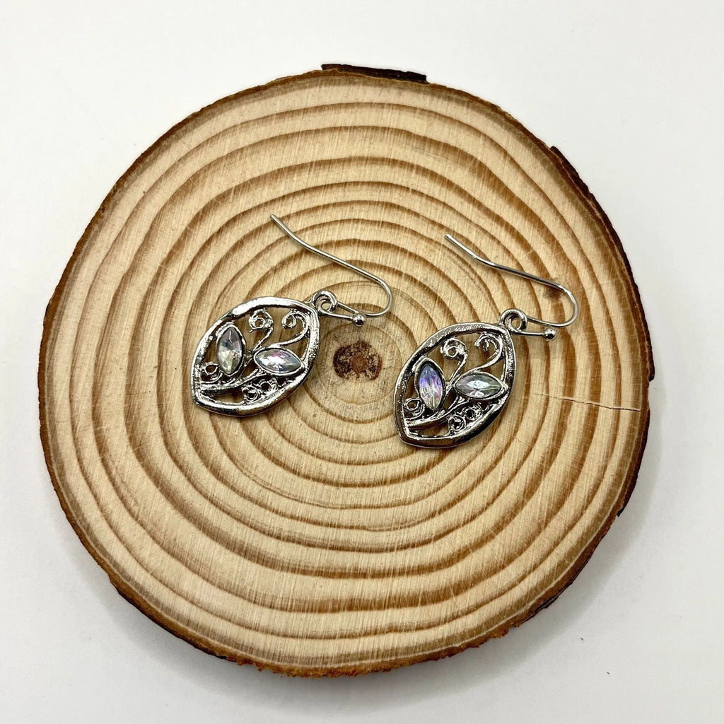 Silver leaf-shaped women's earrings with embedded colourful moonstones on alloy backing