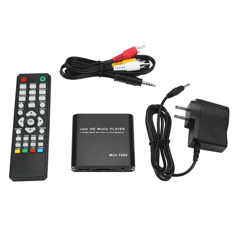Compact blue 1080P HDMI media player with SD card and USB ports
