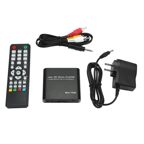 Compact blue 1080P HDMI media player with SD card and USB ports