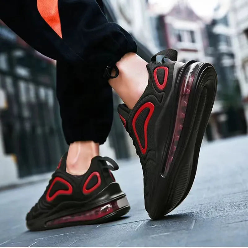 Men's black casual sneakers with artificial PU upper, thick plastic sole, and front lace-up design for outdoor sports.