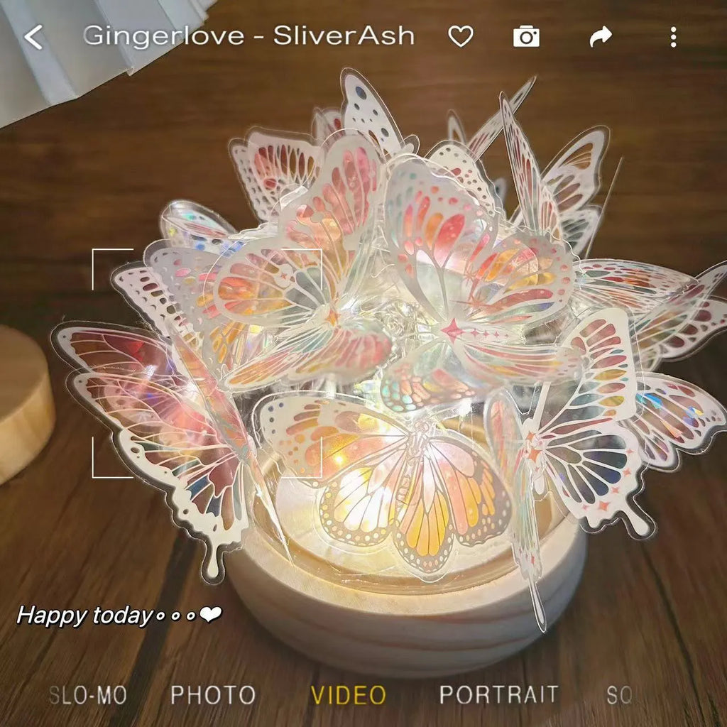Handmade butterfly-shaped DIY night lamp with glass shade and raw wood base, 12cm by 15cm.