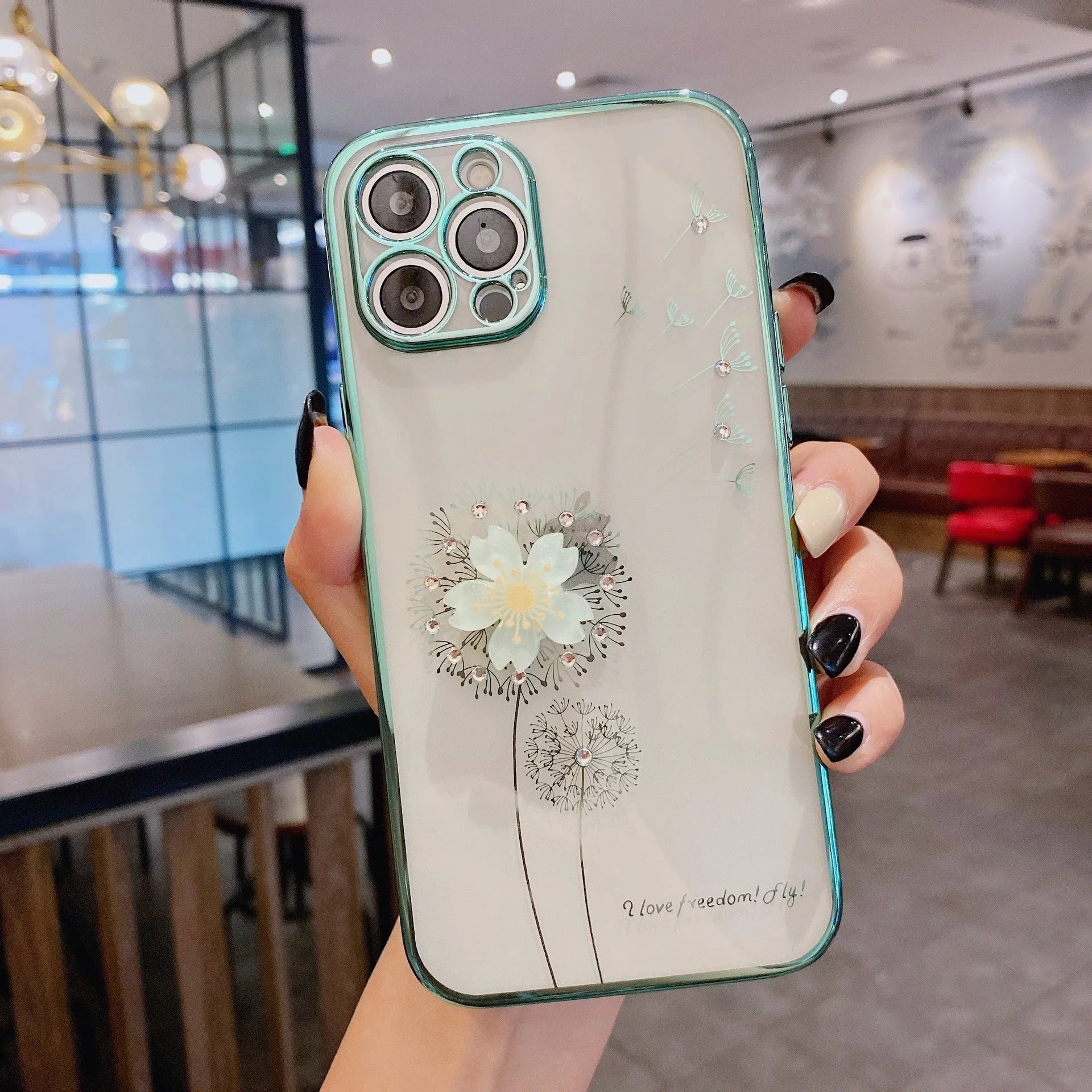 Green TPU phone case with rotating 3D flower stand holder for iPhone with built-in screen protector