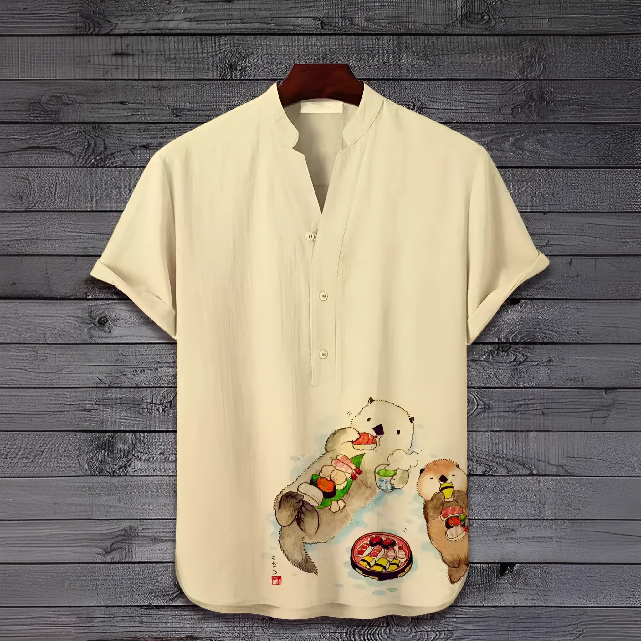 Man wearing a short sleeve shirt with a colourful digital animal graphic print on the front.