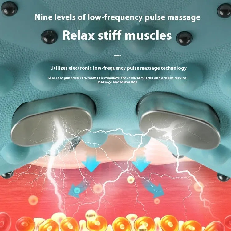 Blue-green cervical spine massage pillow showing portable 17cm design with EMS pulse massage and heat therapy functions