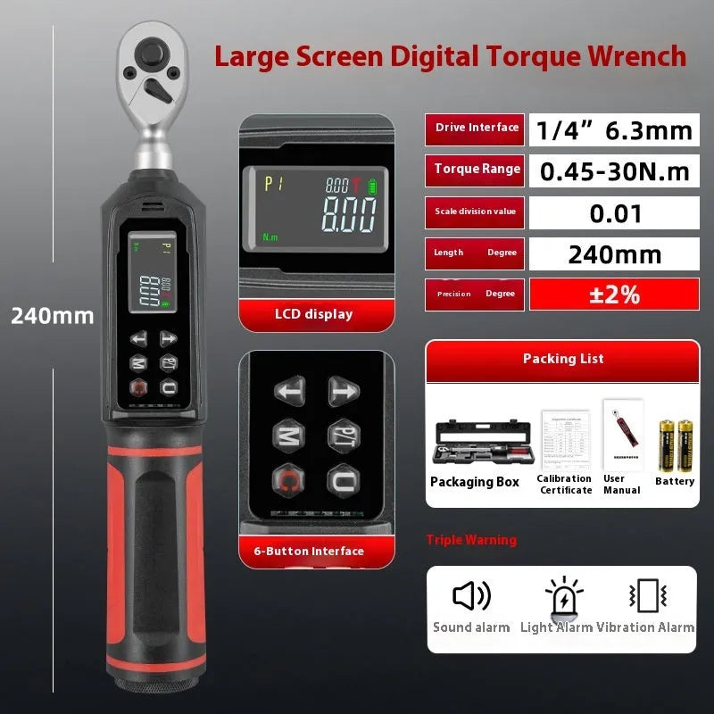 Digital display torque wrench showing readout with chrome-vanadium steel construction