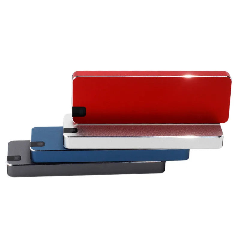 White mobile solid state hard disk with metal shell and USB cable showing compact 0.6cm × 3.2cm × 1cm dimensions