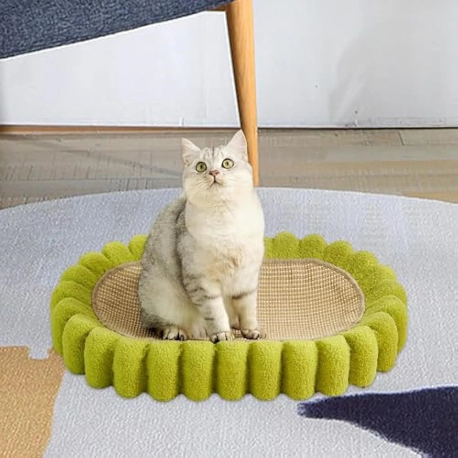 Green oval sisal cat scratching pad serving as a lounging bed with dimensions 650mm by 420mm.