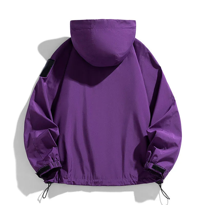 Men's waterproof windproof hooded coat in black colour showing regular length and long sleeve design