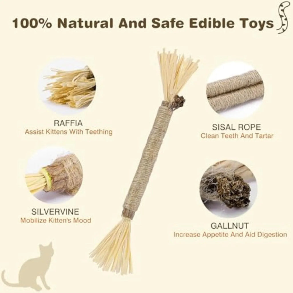 3 pack silvervine chew sticks for cats with sisal rope and raffia dental cleaning texture