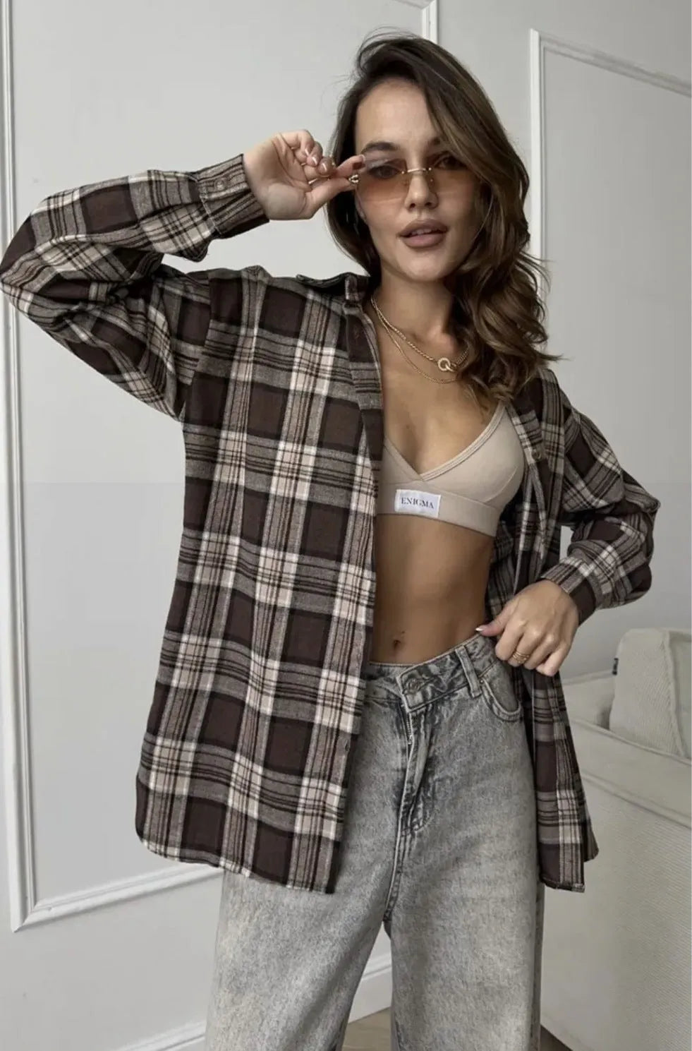 Dark brown women's retro striped long sleeve cotton shirt shown with and without a chest pocket.