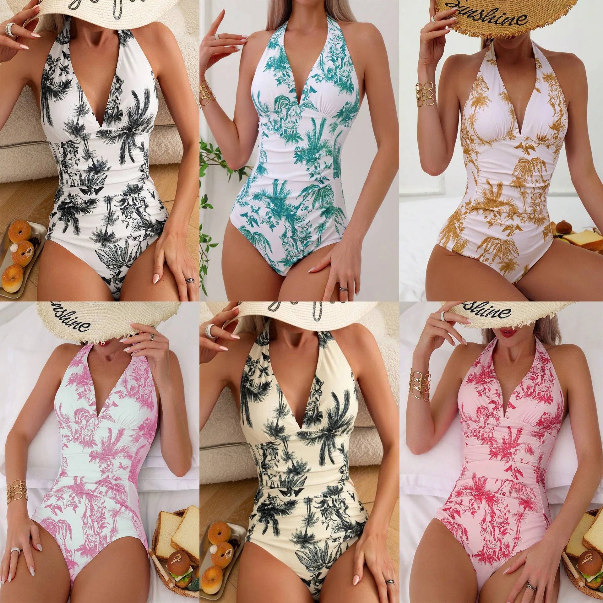 Women's printed V-neck one-piece swimsuit in multiple colour options with sizes S to XXL