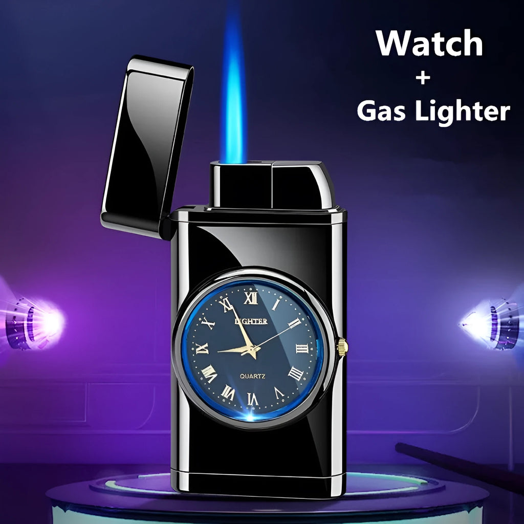 Metal electronic watch cigarette lighter with LED flashing lamp in black brushed finish
