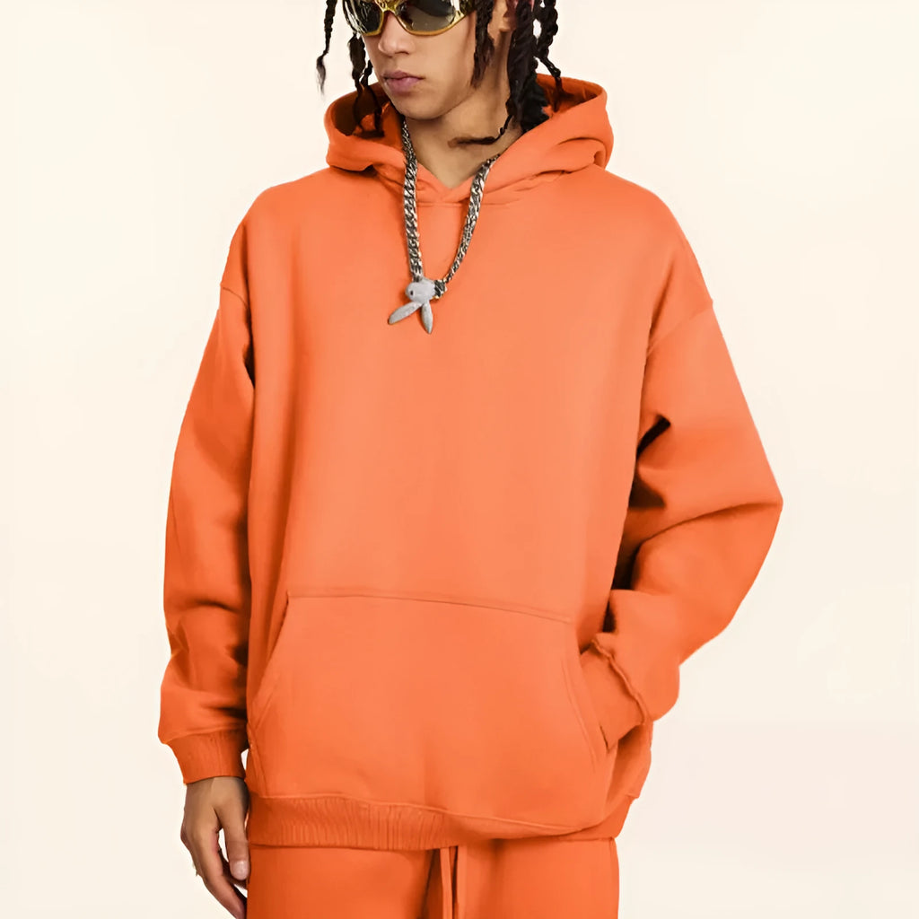 Men's cotton hooded sweater in multiple colours with drop-shoulder sleeves and loose fit