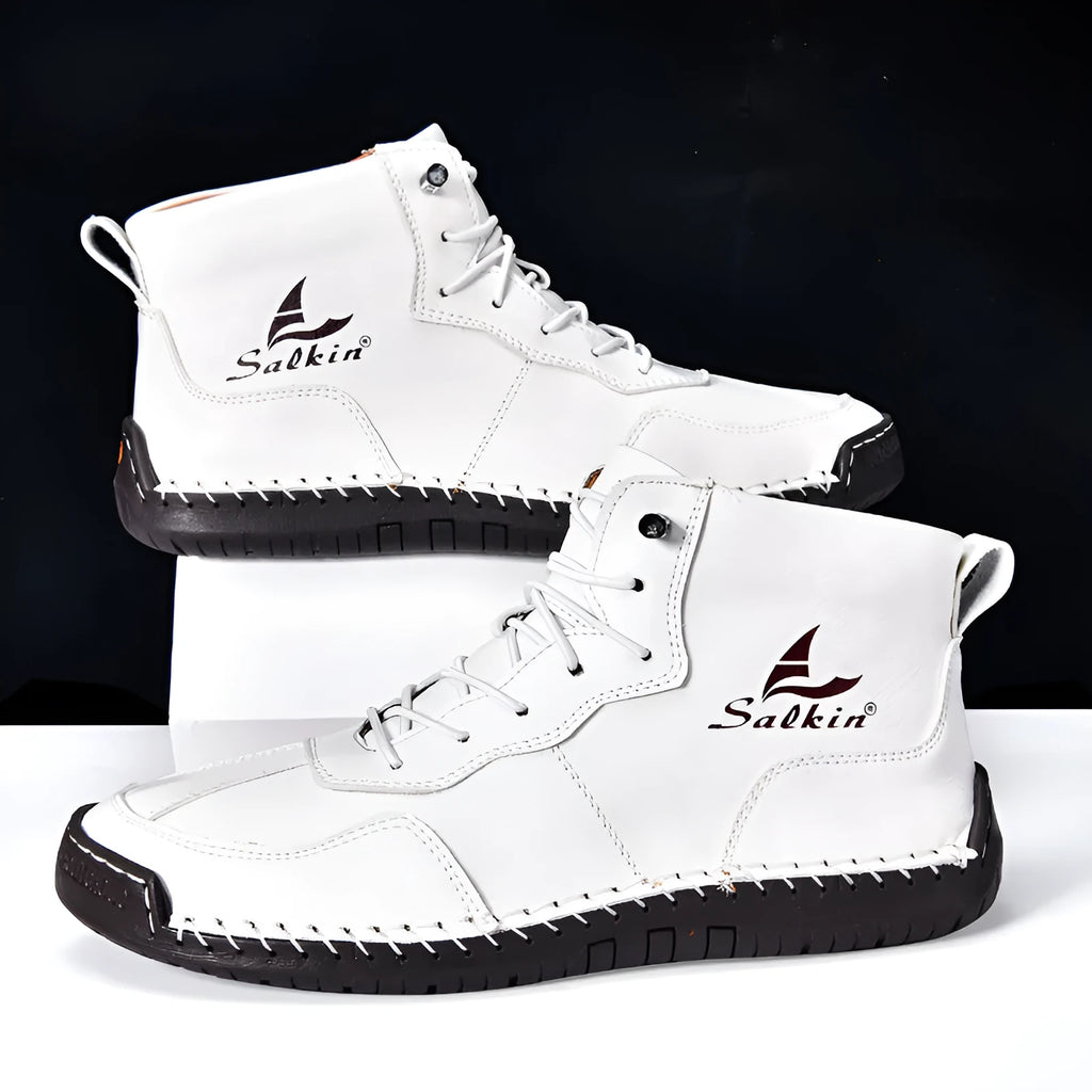 Men's high-top casual boots in artificial PU leather with elastic band and round toe design